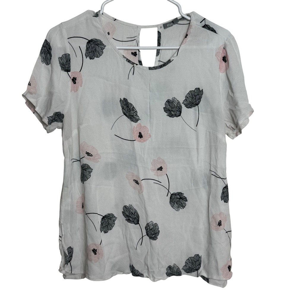 Daniel Rainn Women's White Floral‎ Short Sleeve Top Blouse Size L Boho Feminine